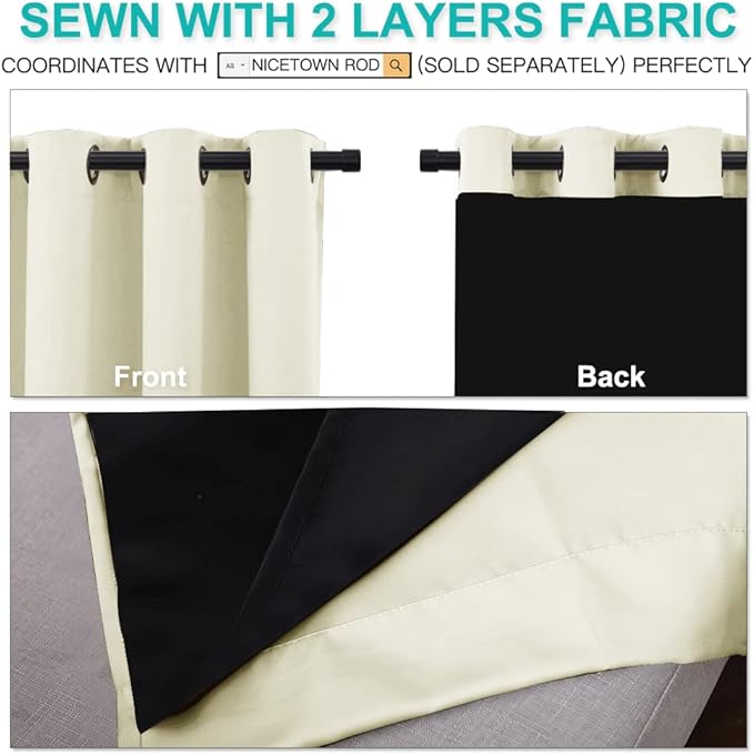NICETOWN Living Room Completely Shaded Draperies, Privacy Protection & Noise Reducing Ring Top Drapes, Black Lined Insulated Window Treatment Curtain Panels(Beige, 2 Pieces, W70 x L108)
