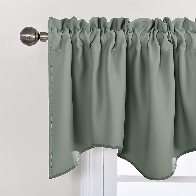 NICETOWN 2 Panels Bedroom Blackout Valance Tier - 42 inches by 18 inches Scalloped Rod Pocket Valance Window Curtain for Girl's Room/Baby Nursery/Dormitory/Kids Room/Christmas, Sage Green, 1 Pair
