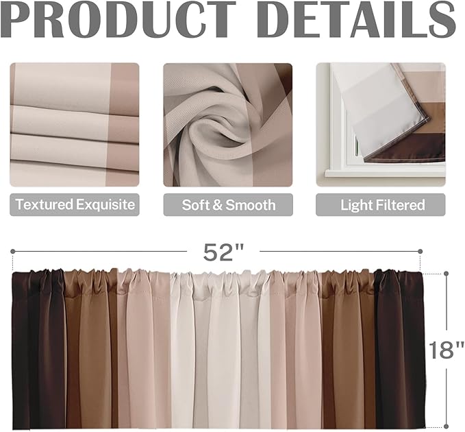 Emvency 2 Pack Valances Window Treatments, Striped Neutral Brown Minimalist Beige Retro Drapes Adjustable Curtain for Windows Living Room Kitchen Over Sink, 52x18 Inch Rod Pocket Valances