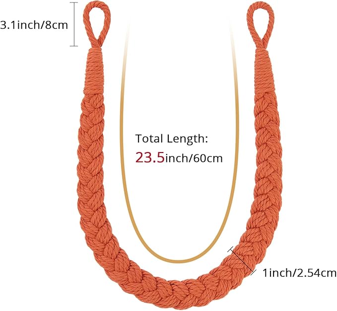 NICEEC 2 Pack Natural Cotton Rope Curtain Tiebacks Elegant Boho Style Decorative Drape Tie Backs Soft Hand-Woven Rope Curtain Holdbacks with Metal Hook for Home & Office Drapery (Orange)