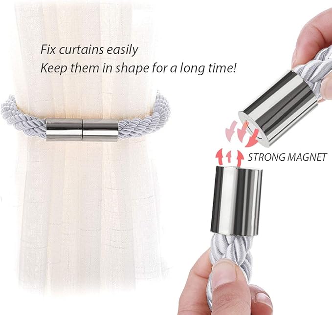 NICEEC 6 Pack Strong Magnetic Curtain Tiebacks Modern Simple Style Drape Tie Backs Convenient Decorative Weave Rope Curtain Holdbacks for Thin or Thick Home & Office Window Draperies (Light Grey)