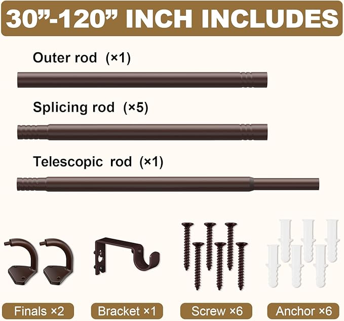 GXOACKJ Brown Curtain Rods for Windows 66 to 120 inch, 5/8 inch Adjustable Wrap Around Blackout Curtain Rods for Bedroom & Outdoor