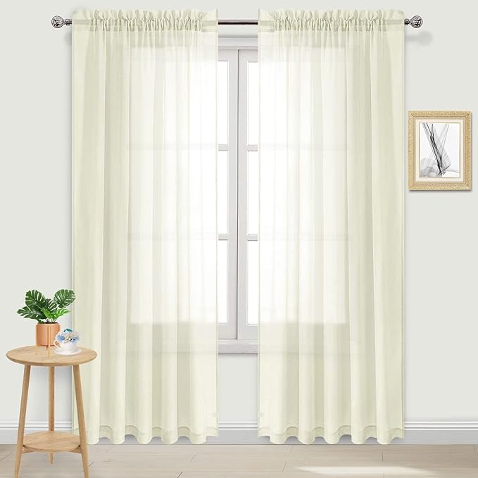 DWCN Ivory Sheer Curtains Semi Transparent Voile Rod Pocket Curtains for Bedroom and Living Room, 60 x 84 inches Long, Set of 2 Panels