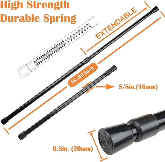 KXLife 2 Pack 5/8" Spring Tension Curtain Rod, Adjustable Tension Rods Black 18 to 30 Inch, RV Tension Bars, Tension Rod for Closet