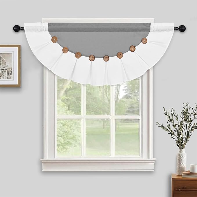 FRAMICS Farmhouse Valance Curtains, Boho Cotton Linen Kitchen Valance, Grey Rustic Button Window Valances for Bathroom Bedroom, Country Rod Pocket Valances, Semi-Circular, Grey, 52 x 18 Inch