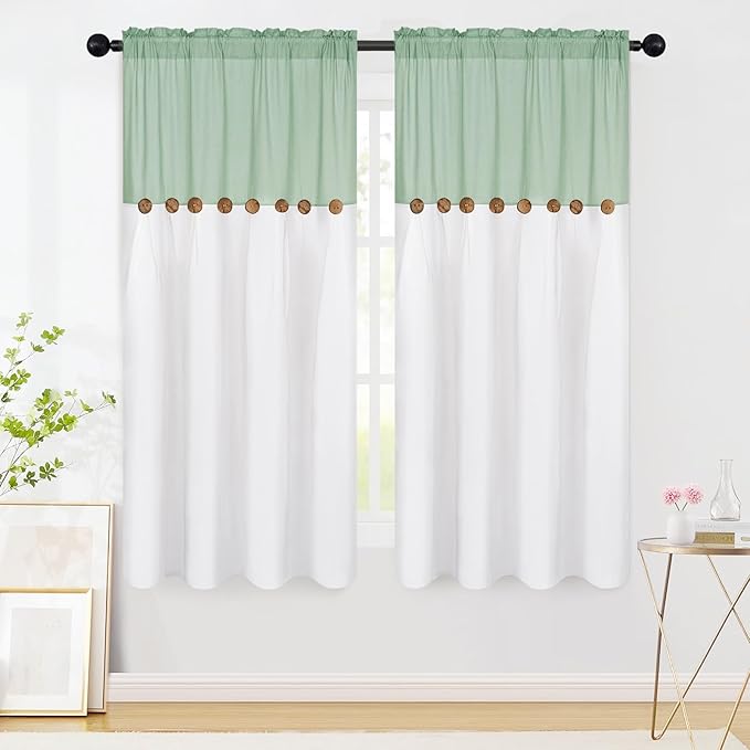 FRAMICS Farmhouse Cotton Linen Curtains for Living Room, Boho Button Curtains 63 Inch Length, Sage Green Rustic Country Linen Window Curtains for Bedroom, Rod Pocket Curtains & Drapes, 52 x 63 Inch