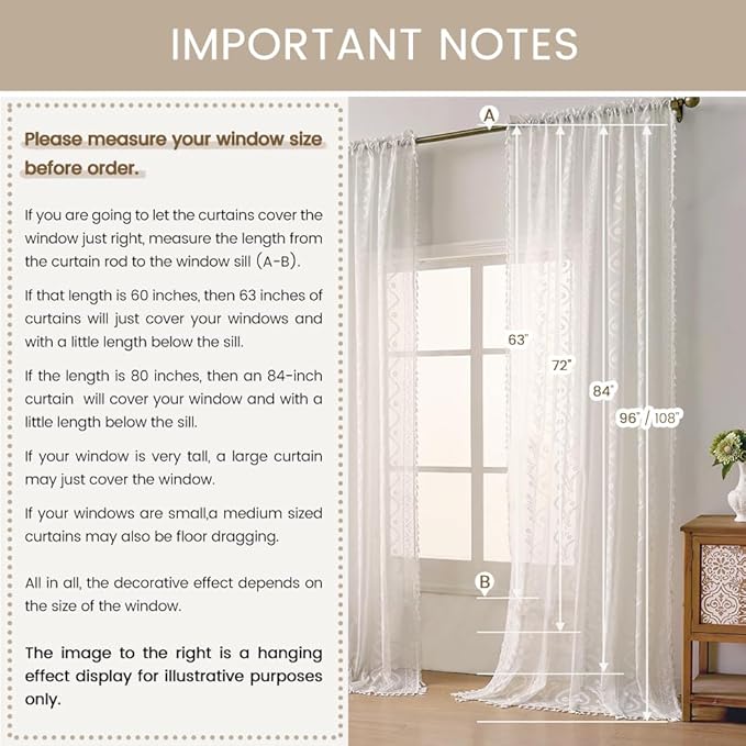 WAZZIO Boho Lace Curtains 2 Panels 63 Inches -Cute Vintage Victorian Sheer Panel Drape French Country Floral Pattern & Tassel Light Filtering Privacy for Bedroom Dining Living Room,White,W52x L63