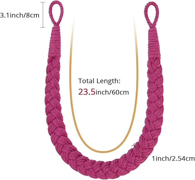 NICEEC 2 Pack Natural Cotton Rope Curtain Tiebacks Elegant Boho Style Decorative Drape Tie Backs Soft Hand-Woven Rope Curtain Holdbacks with Metal Hook for Home & Office Drapery (Rose Red)