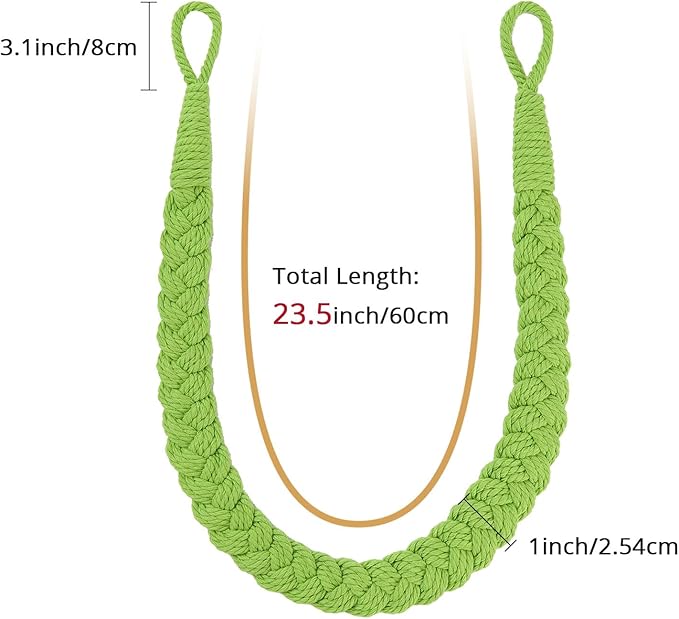 NICEEC 4 Pack Natural Cotton Rope Curtain Tiebacks Elegant Boho Style Decorative Drape Tie Backs Soft Hand-Woven Rope Curtain Holdbacks with Metal Hook for Home & Office Drapery (Tender Green)