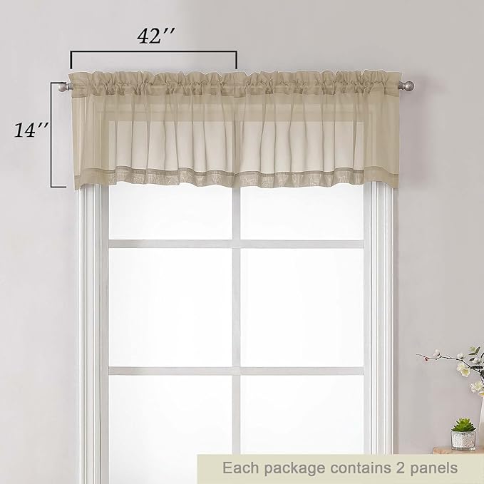 Taupe Valances for Windows, Taupe Sheer Curtains 14 Inch Length 2 Pack Kitchen Drapes, Modern Solid Mini Small Window Curtains for Cafe Bathroom Basement, Each 42" Wx14 L Inches