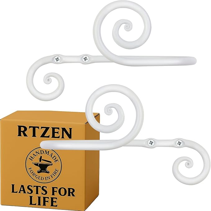 RTZEN Decorative Metal Curtain Tiebacks - Farmhouse Wrought Iron Curtain Holdbacks - Drapery Holders for Wall - Unique Metal Tie Backs for Curtains - 2 Pcs (White Swirly)