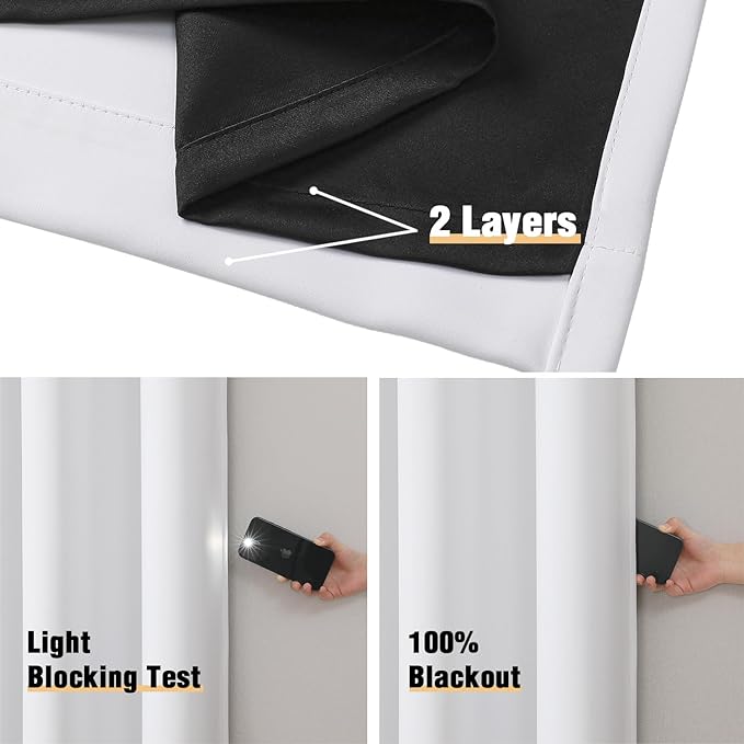ChrisDowa 100% Blackout Curtains 63 inch Long for Bedroom with Black Liner, Extra Wide 2 Thick Layers Total Blackout Thermal Insulated Grommet Window Curtains 2 Panels Set (Pure White, 60 x 63 Inch)