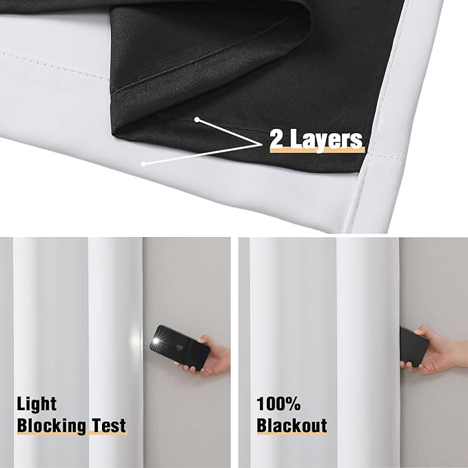 ChrisDowa White 100% Blackout Curtains for Bedroom with Black Liner, 2 Thick Layers Total Blackout Thermal Insulated Grommet Small Window Curtains 2 Panels Set (Pure White, 42 x 45 Inch)