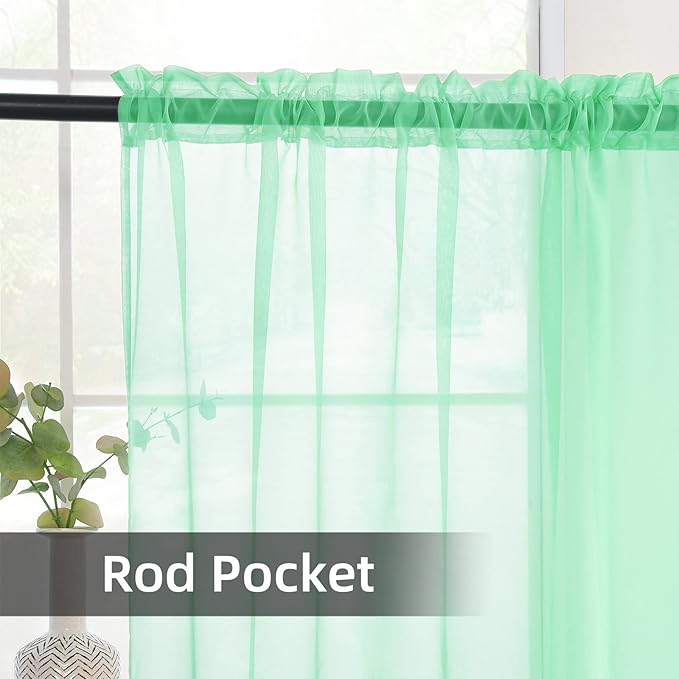youleyar Solid Sheer Rod Pocket Curtain Voile Draperies 2 Panels White Beige Black Grey Coffee 52 Inch Width 96 Inch Long 1 Pair for Kitchen Bedroom Children Living Room Yard (Light Green,52Wｘ96L)