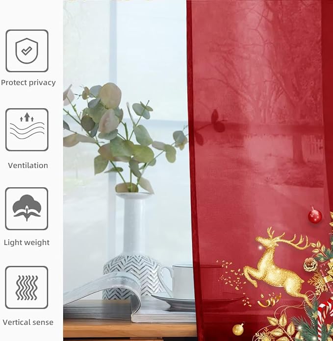 youleyar Solid Sheer Rod Pocket Curtain Voile Draperies 4 Panels White Beige Black Grey Ivory 52 Inch Width 54 Inch Long 1 Pair for Kitchen Bedroom Children Living Room Yard(Christmas Red,52 Wｘ54 L)