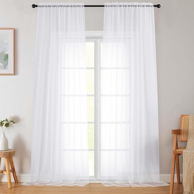 Extra Long Sheer White Curtains for Bedroom Living Room 120 Inches Long 2 Panels Set, Solid Soft Light Filtering Rod Pocket Sheer Window Curtains, White, Each 42" Wx120 L Inch