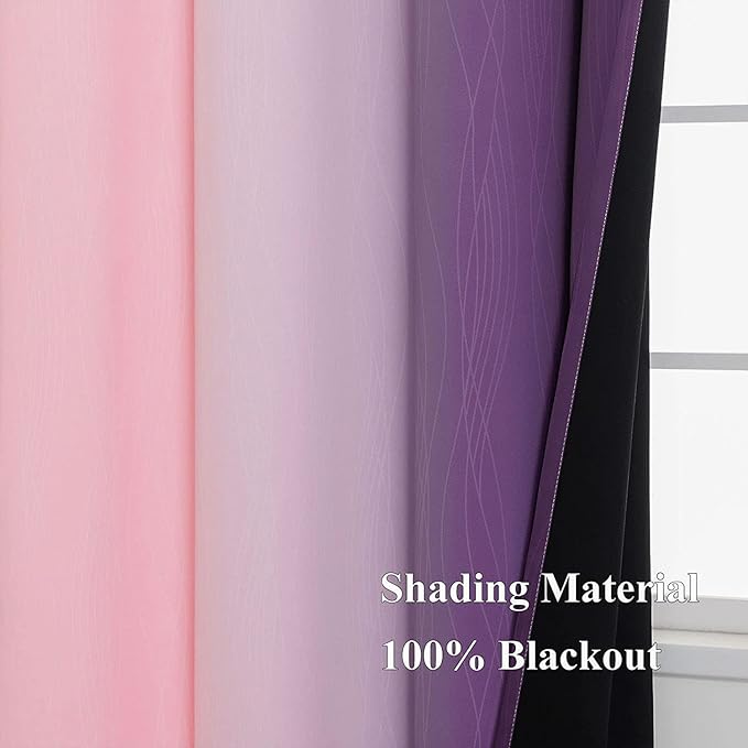 Pink and Purple Curtains 54 Inch Length 2 panels, Full Light Blocking Ombre Blackout Curtains for Kids Room, Thermal Insulated Noise Reducing Gradient Blackout Curtains for Girls Bedroom, 52x54 Inch