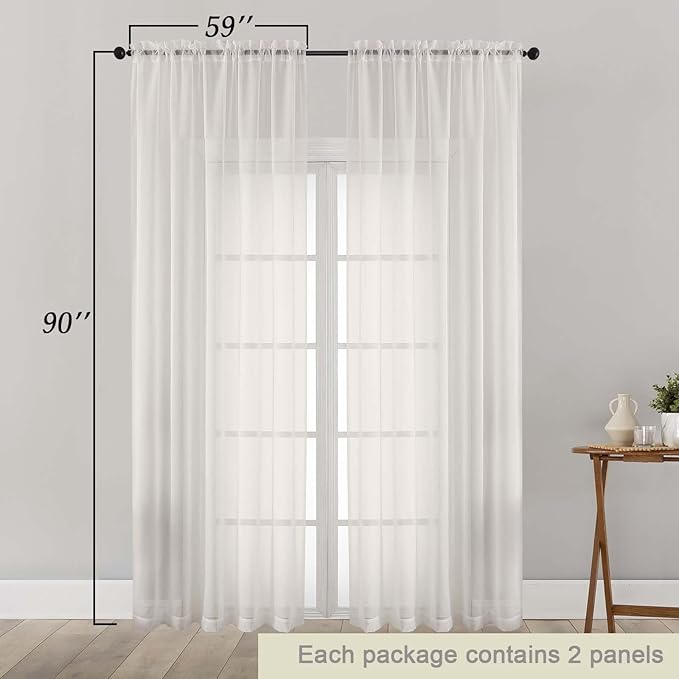 Sheer Ivory Curtains for Bedroom Living Room 90 Inches Long 2 Panels Set, Soft Airy Light Filtering Sheer Window Treatments, Modern Rod Pocket Curtains Drapes, Each 59" Wx90 L Inch