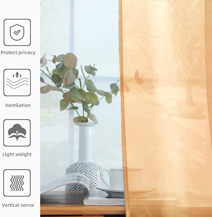 youleyar Solid Sheer Rod Pocket Curtain Voile Draperies 2 Panels White Beige Black Grey Coffee 52 Inch Width 90 Inch Long 1 Pair for Kitchen Bedroom Children Living Room Yard(Beige,52Wｘ90L)