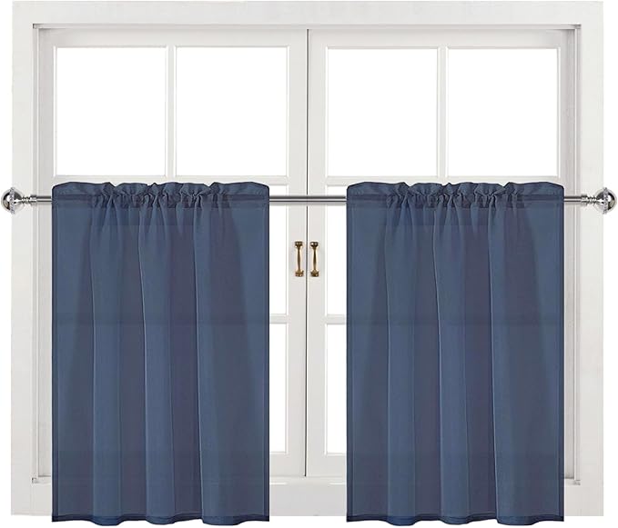 DWCN Navy Blue Sheer Curtains for Kitchen Windows - Rod Pocket Semi Transparent Voile Tier Curtains for Bedroom, Living Room, Farmhouse, 36 x 36 inches Long, Set of 2 Panels