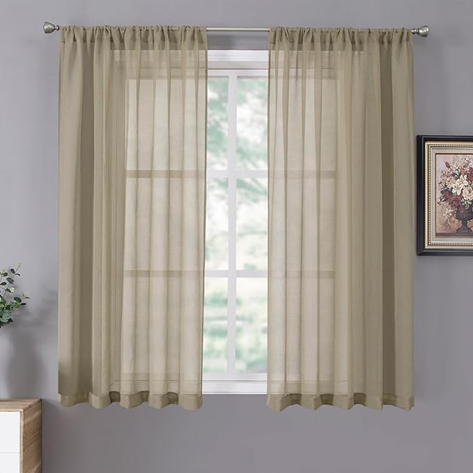 Tollpiz Short Sheer Curtain Living Room Linen Textured Curtains Sheer Light Filtering Voile Rod Pocket Curtain for Bedroom, 38 x 54 inches Long, Taos Taupe, Set of 2 Panels