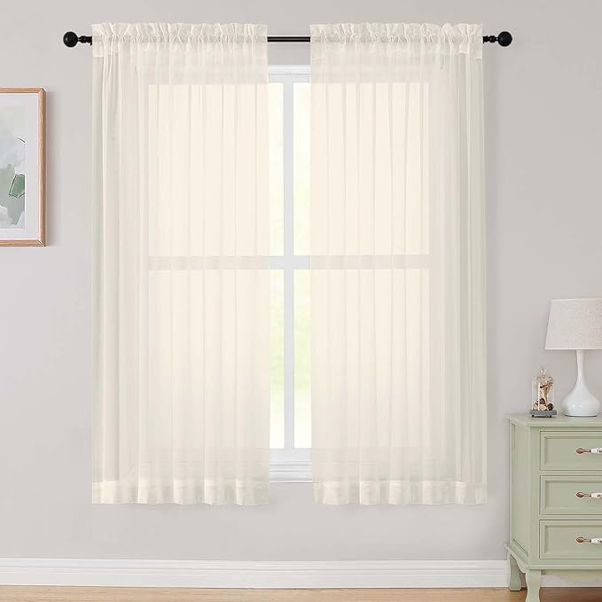 Cream Sheer Curtains 63 Inch Length 2 Panels Set for Living Room Bedroom, Airy Soft Light Filtering Sheer Dining Room Curtains, Modern Rod Pocket Drapes, Cream, Each 42" Wx63 L