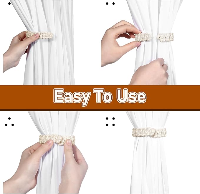 Ptwola 4 Pack Braided Curtain Tiebacks Boho Elegant Rustic Curtain Holdbacks Tie Backs Holders Set Simple Light Weight Drapes Decorative Accessories Handmade for Home Office Bedroom Window