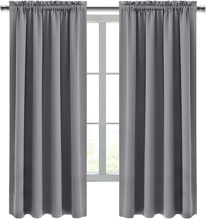 DWCN Grey Room Darkening Blackout Curtains - Rod Pocket Thermal Insulated Privacy Energy Saving Window Curtain Drapes 42x 72 inch Length, Set of 2 Bedroom Living Room Curtains