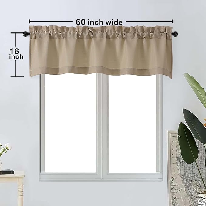 OWENIE Bob 1 PCS Camel Valances for Windows, Faux Linen Textured Kitchen Window Curtains Valance for Bedroom Living Room, Modern Soft Airy Solid Rod Pocket Bathroom Cafe Curtain, 60Wx16L Inch