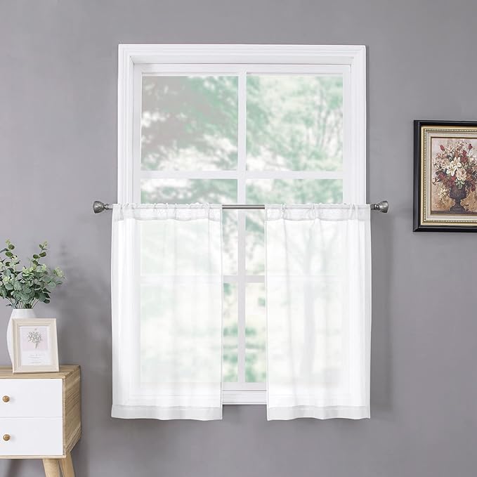 Tollpiz Sheer Tier Curtains Kitchen Linen Textured Half Curtain Sheers Light Filtering Rod Pocket Voile Bathroom Short Curtains for Farmhouse, 25 x 30 inches Long, White, Set of 2 Panels