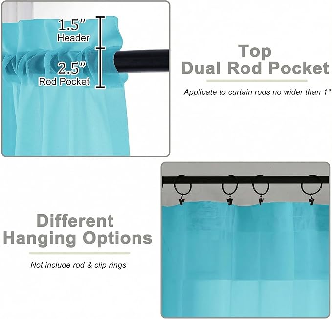 Sheer Curtains 63 Inch Length 2 Panels Set for Living Room Bedroom, Airy Soft Light Filtering Sheer Dining Room Curtains, Modern Rod Pocket Drapes, Aqua, Each 42" Wx63 L