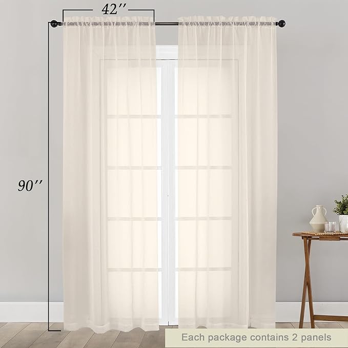 Sheer Cream Curtains for Bedroom Living Room 90 Inches Long 2 Panels Set, Soft Airy Light Filtering Sheer Window Treatments, Modern Rod Pocket Curtains Drapes, Each 42" Wx90 L Inch