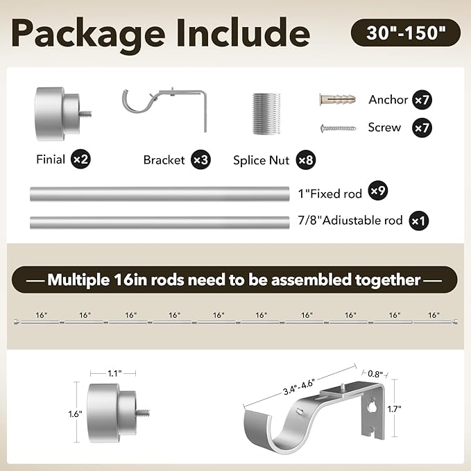 IFELS Heavy Duty Curtain Rods for Windows 72 to 144 Inch, 1 Inch Silver Window Curtain Rod for Bedroom, Living Room, Outdoor, Adjustable Easy Install Long Modern Curtain Rods(A1,Silver,30"-150")