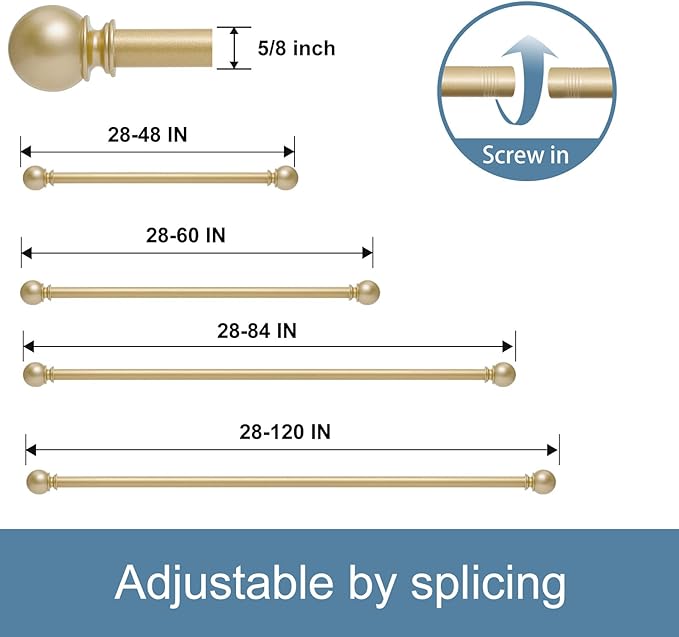 Gold Curtain Rods for Windows 28 to 48 Inch, 2 Pack 5/8" Diameter Heavy Duty Metal Stainless Steel Adjustable Small Drapery Rod With Bracket