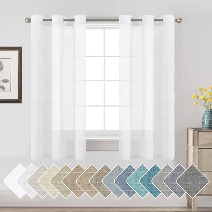 H.VERSAILTEX Linen Curtains Nickel Grommet Natural Linen Semi-Sheer Curtains 2 Panels Privacy Added Premium Soft Rich Material Drapes for Bedroom/Living Room - 37x63 - Inch - Pure White