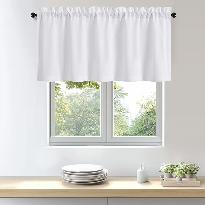 OWENIE Bob 1 PCS White Valances for Windows, Faux Linen Textured Kitchen Window Curtains Valance for Bedroom Living Room, Modern Soft Airy Solid Rod Pocket Bathroom Cafe Curtain, 60Wx24L Inch