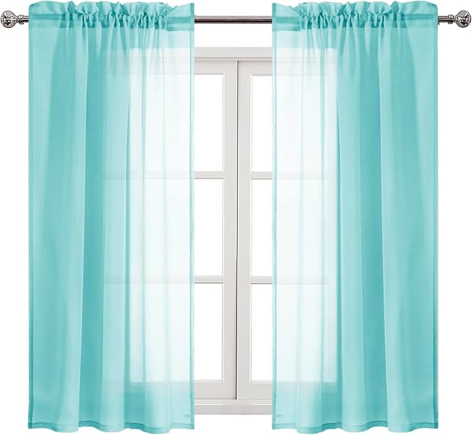 DWCN Aqua Sheer Curtains Semi Transparent Voile Rod Pocket Curtains for Bedroom and Living Room, 42 x 45 inches Long, Set of 2 Panels