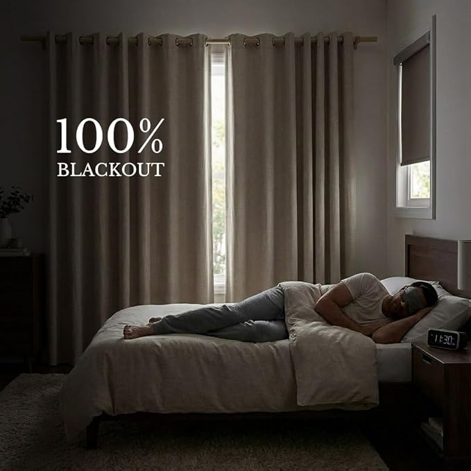 NICETOWN Natural 100% Blackout Linen Curtains 84 inch Long Burg for Living Room, 2 Panels, 52" Wide, Farmhouse Thick Completely Blackout Window Treatment Thermal Insulated Warm Drapes for Winter