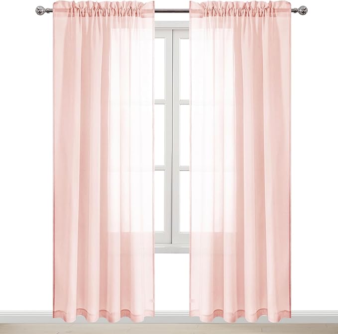DWCN Blush Pink Sheer Curtains Semi Transparent Voile Rod Pocket Curtains for Bedroom and Living Room, 52 x 84 inches Long, Set of 2 Panels