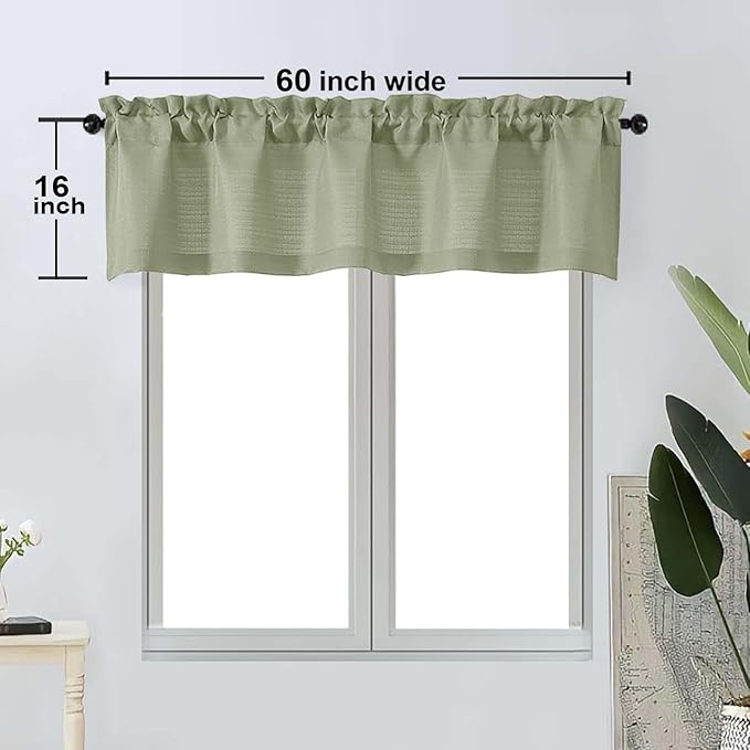OWENIE Bob 1 PCS Green Valances for Windows, Faux Linen Textured Kitchen Window Curtains Valance for Bedroom Living Room, Modern Soft Airy Solid Rod Pocket Bathroom Cafe Curtain, 60Wx16L Inch
