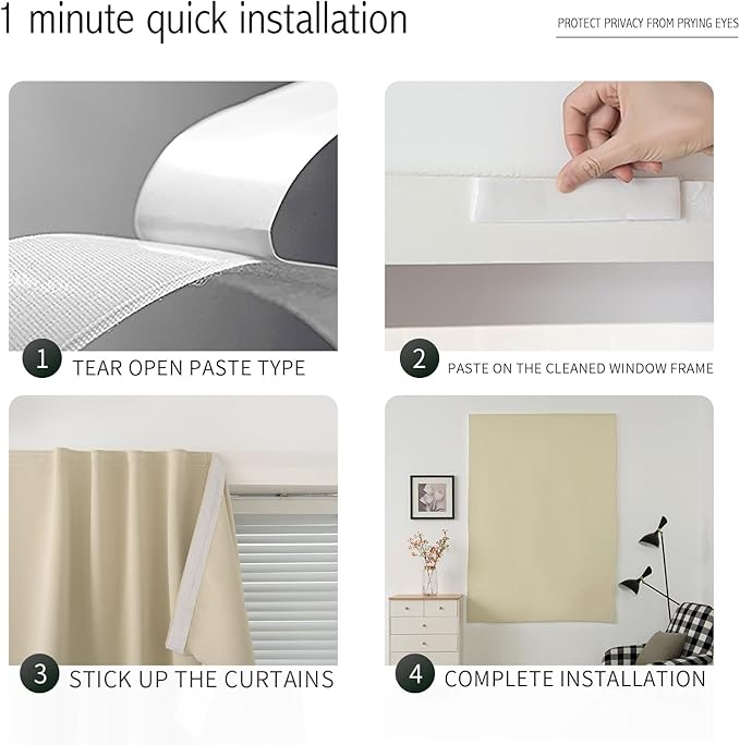 Self Adhesive Portable Blackout Curtains for Bedroom Easy to Install Window Thermal Lnsulated Kitchen Room Darkening Small Window Curtains, Cortinas Para Cuarto, 47"W X 59"L, Beige, 1 Panel