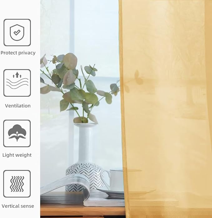 youleyar Solid Sheer Rod Pocket Curtain Voile Draperies 2 Panels White Beige Black Grey Ivory 52 Inch Width 84 Inch Long 1 Pair for Kitchen Bedroom Children Living Room Yard (Gold,52Wｘ84L)