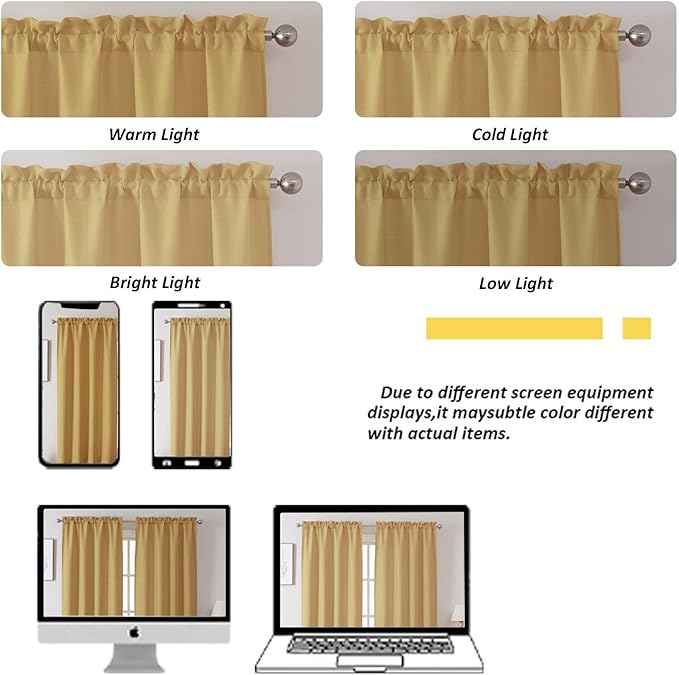 Chyhomenyc Gold Valance for Windows, Light Filtering Faux Linen Solid Short Curtain Valance, Burlap Decorative Small Curtain for Kitchen Bathroom Laundry Basement, 60Wx12L inch, 1 Piece