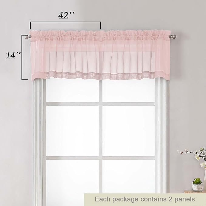 Blush Valances for Windows, Blush Sheer Curtains 14 Inch Length 2 Pack Kitchen Drapes, Modern Solid Mini Small Window Curtains for Cafe Bathroom Basement, Each 42" Wx14 L Inches