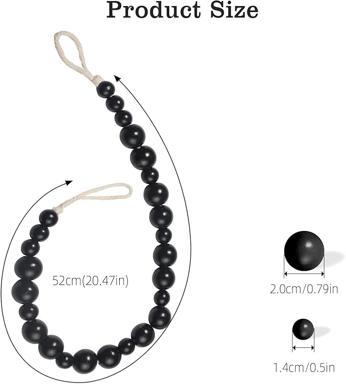 Hion 4 Pcs Boho Curtain Tiebacks,Wood Beads Curtain Holdbacks,Outdoor Farmhouse Tie Backs for Curtains,Curtain Holders for Drapes Home Office Room Decor with Hooks(Black)