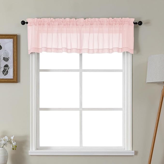 Gwine Blush Pink Valances for Windows, Small Light Filtering Rod Pocket Cafe Valance Curtains, Soft Sheer Curtain for Bathroom Laundry Basement, 42Wx14L inch, 2 Pieces