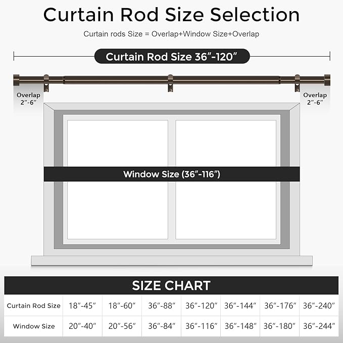 VOIIY Bronze Curtain Rods for Windows 66 to 120 Inch(5.5-10 Feet),1" Diameter Drapery Rods with Modern Style End Cap Finials,Size:36-120 Inch,Antique Bronze