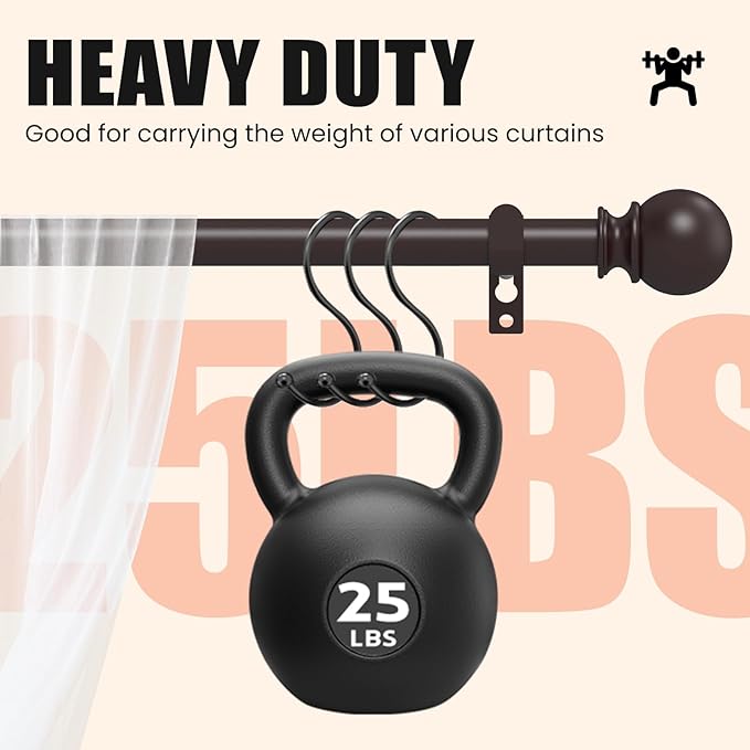 Curtain Rods for Windows 30 to 60 Inch, 2 Pack 5/8 Inch Heavy Duty Decorative Curtain Rod with Ball End Caps, Adjustable Brackets. Easy to install. Brown.