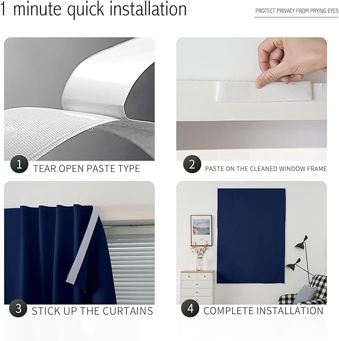 Self Adhesive Portable Blackout Curtains for Bedroom Easy to Install Window Thermal Lnsulated Kitchen Room Darkening Small Window Curtains, 47" W X 79" L, Navy Blue, 1 Panel