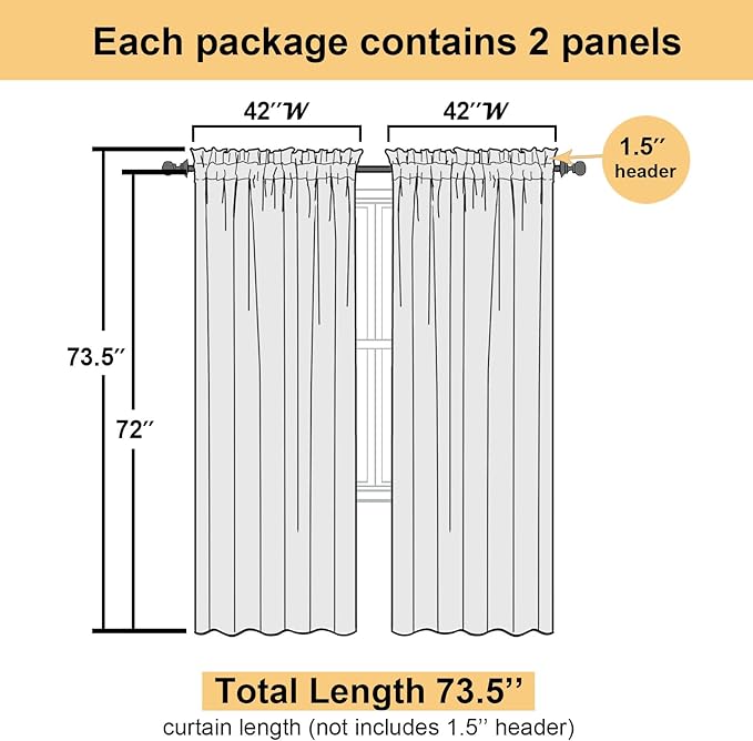 Lecloud Lemon Sheer Curtains 72 Inches Long 2 Panels, Solid Voile Rustic Window Curtains for Bedroom Dining Room, Light Filtering Rod Pockets Living Room Decor Drapes, Each Panel 42" W x 72" L